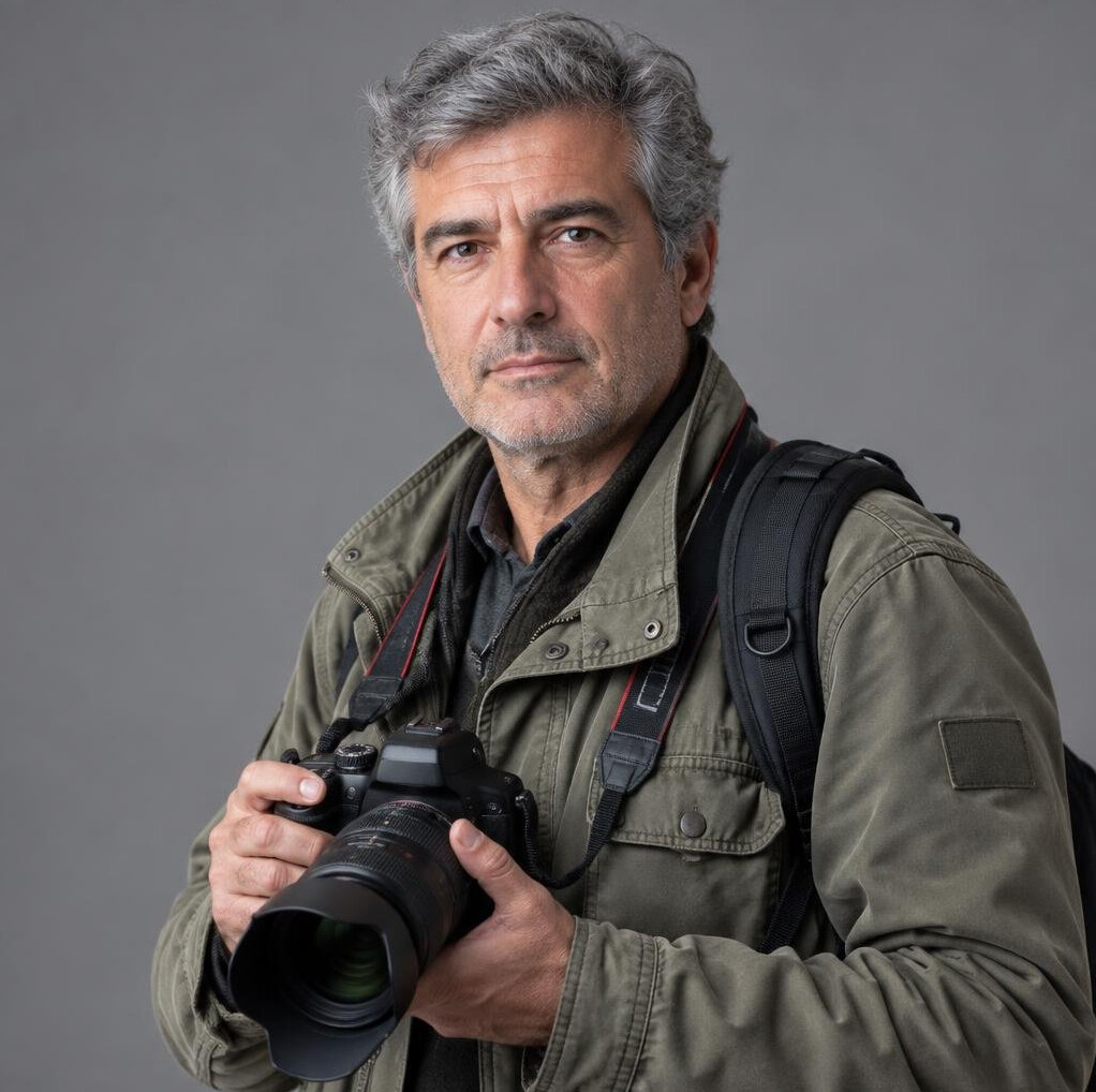 Studio portrait of a Portuguese man in his fifties, photojournalist holding a camera