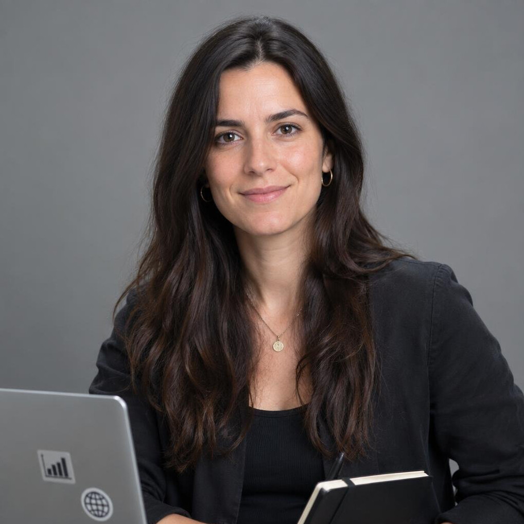 Studio portrait of a Portuguese woman in her late twenties, data journalist