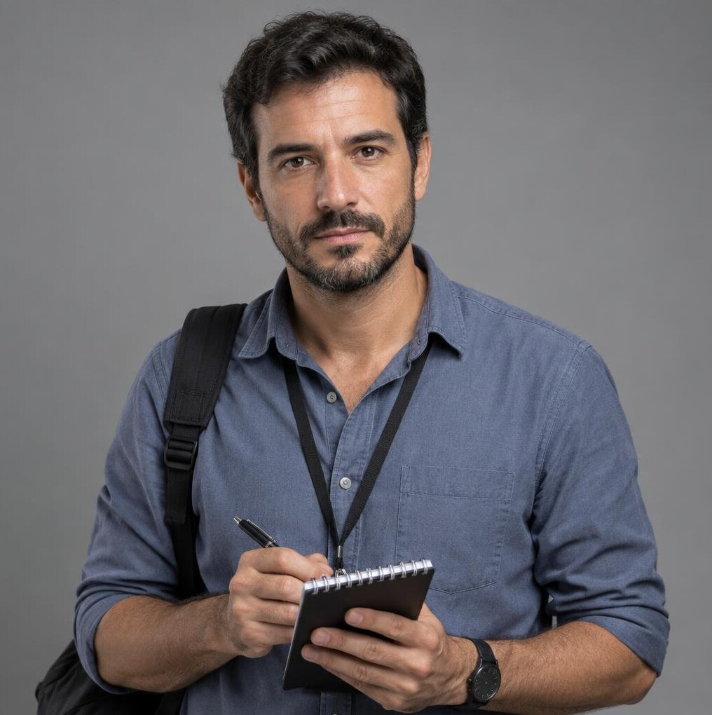 Studio portrait of a Portuguese man in his thirties, investigative reporter